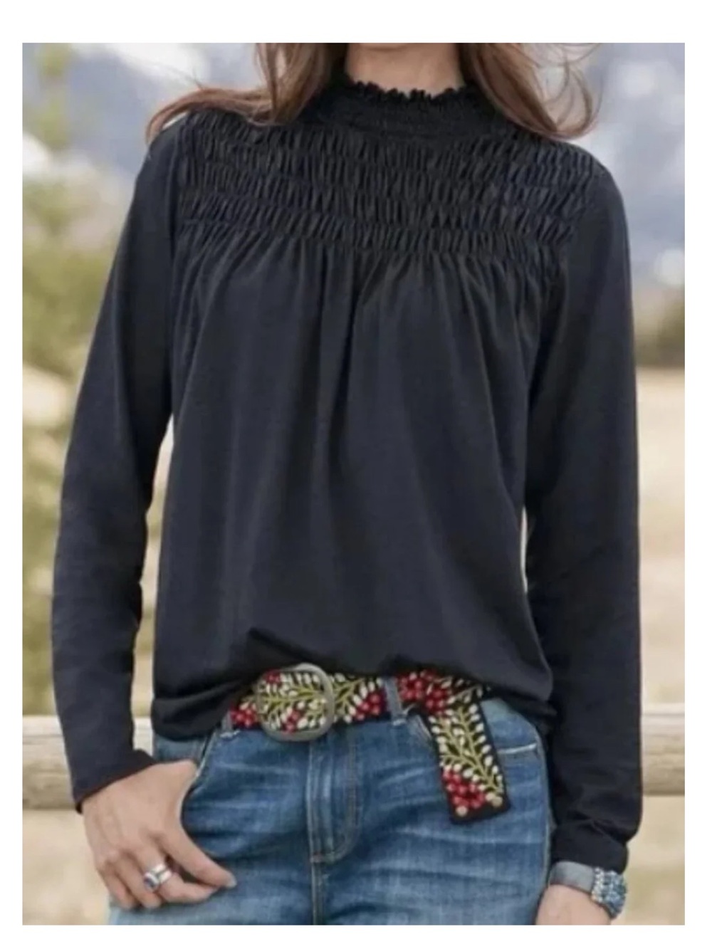 Sundance Smocked Mock Neck Top Women XS black Long Sleeve Lyocell Cotton